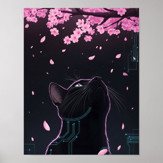 Cyber Cat Blossom Blick | Noir Futuristic Feline Poster (Vorne)