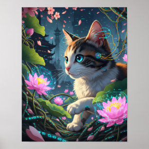 Cyber Cat Lotus Bloom Futuristische Felinengarte Poster