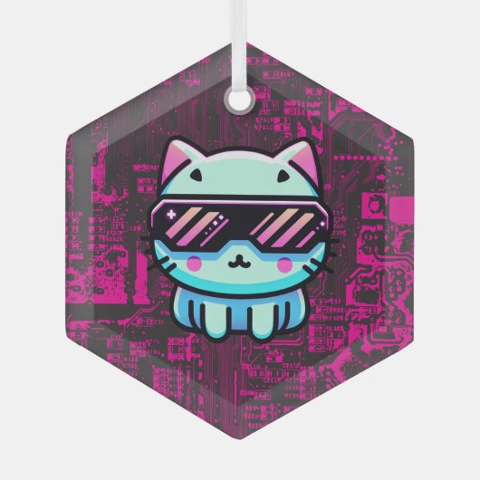 Cyber Cat Ornament Aus Glas (Vorderseite)