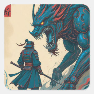 "Cyber-Duell – Samurai gegen Circuit Glyph-Biest" Quadratischer Aufkleber