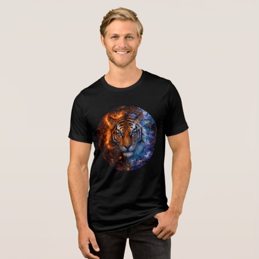 Cyber Elemental Tiger – Fire & Ice Fantasy Art Tri-Blend Shirt (Vorderseite voll)