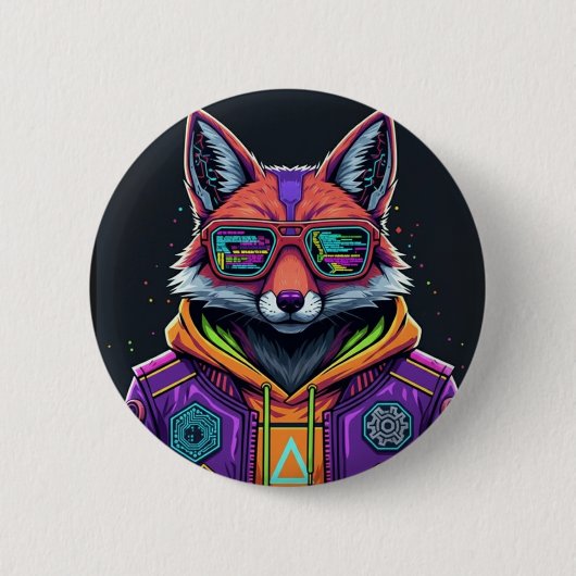 Cyber Fox Button Pin – Neon Streetwear Animal Art (Vorderseite)