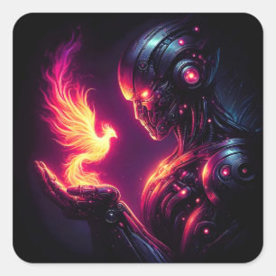 Cyber futuristischer Roboter Phoenix Feuergeist Quadratischer Aufkleber