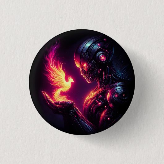 Cyber futuristischer Roboter-Phönix-Feuergeist Button (Vorderseite)