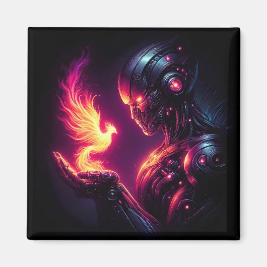 Cyber futuristischer Roboter-Phönix-Feuergeist Magnet (Vorne)