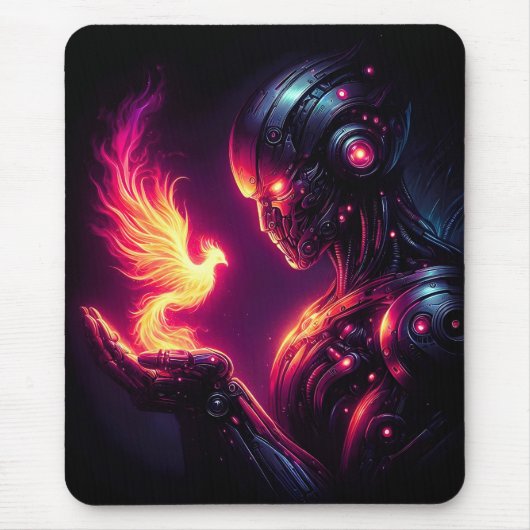 Cyber Futuristischer Roboter Phönix Feuergeist Mousepad (Vorne)
