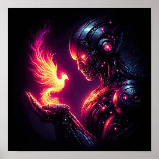 Cyber futuristischer Roboter-Phönix-Feuergeist Poster (Vorne)