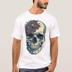 Cyber-Gehirn-Elektronikmüll-Totenkopf-Retro-Comic- T-Shirt