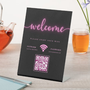 Cyber Glows Neon Pink Willkommen WIFI QR Code Sockelschild