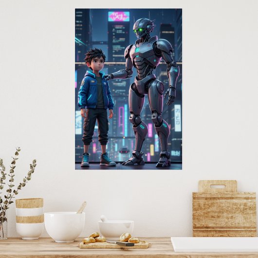 Cyber Guardian | Sci-Fi Robot & Kid Art Poster (Küche)