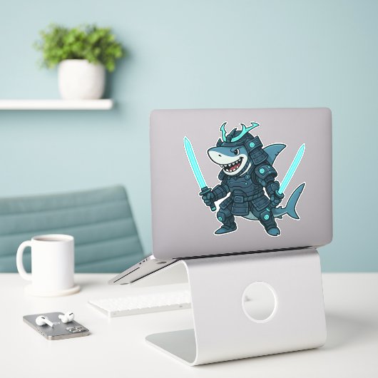 Cyber-Hai in Rüstung mit Doppelschwertern Aufklebe Aufkleber (Laptop auf Schreibtisch)