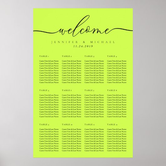 Cyber Lime Jet Black Welcome Wedding Table Seating Poster (Vorne)