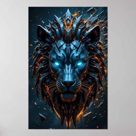 Cyber Löwe mit blauen Augen Poster (Vorne)