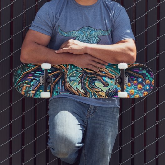 Cyber-Neon Blue Dragon Glitch Art Mural Design Skateboard (Außenbereich 3)