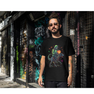 Cyber Neon Skeleton Riding Robo Dino - Halloween T-Shirt
