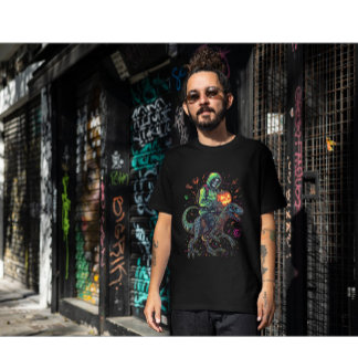 Cyber Neon Skeleton Riding Robo Dino - Halloween T-Shirt