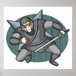 Cyber-Ninja mit Shuriken auf dem Rücken. Poster