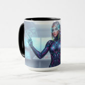 Cyber Oracle Mug – Futuristic Tech Anime Girl Tasse (Vorderseite Links)