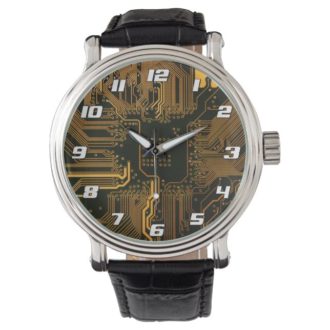 Cyber Orange PCB Circuit Board Trace Pattern Art Armbanduhr (Vorderseite)