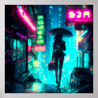 Cyber Punk Art City Nacht Neonschilder Poster