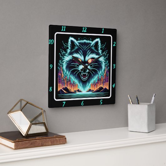 Cyber Raccoon Neon Skyline Quadratische Wanduhr (Büro)