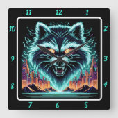 Cyber Raccoon Neon Skyline Quadratische Wanduhr (Vorderseite)