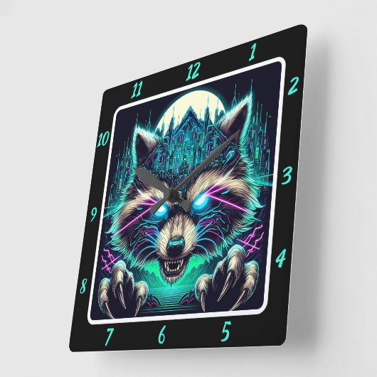 Cyber Raccoon Urban Neon Quadratische Wanduhr (Winkel)