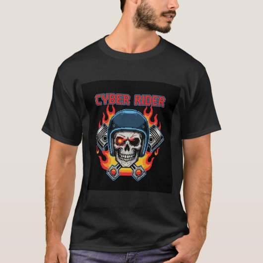 Cyber Rider Pixel Art Skull Flames & Pistons  T-Shirt (Vorderseite)