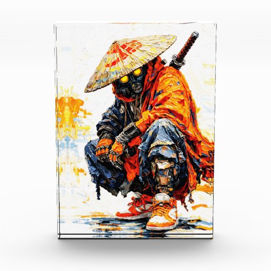 Cyber Samurai Palette Knife Neon Orange Impasto Fotoblock (Vorderseite)