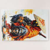 Cyber Samurai Palette Knife Neon Orange Impasto Puzzle (Horizontal)