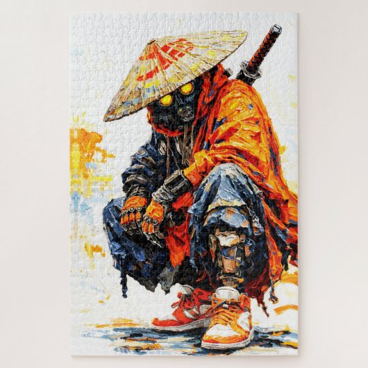 Cyber Samurai Palette Knife Neon Orange Impasto Puzzle (Vertikal)