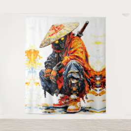 Cyber Samurai Palette Knife Neon Orange Impasto Wandteppich