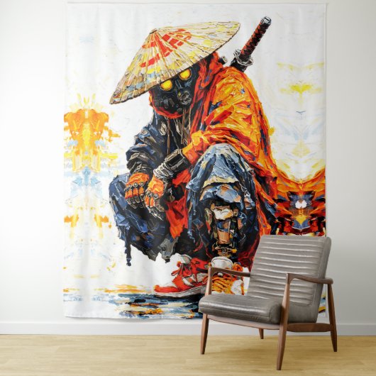 Cyber Samurai Palettenmesser Neonorange Impasto Wandteppich (Beispiel)
