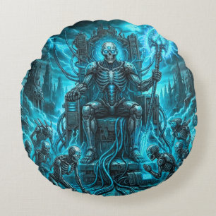 Cyber-Skelett-König & Sensenmann Electric Blue  Rundes Kissen