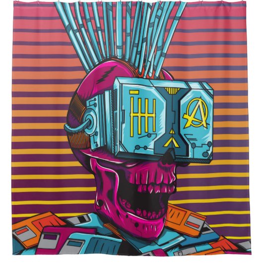 Cyber Skull Virtual Reality Cyberpunk-Diskette  Duschvorhang (Vorderseite)