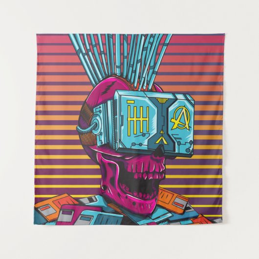 Cyber Skull Virtual Reality Cyberpunk-Diskette  Wandteppich (Vorderseite)