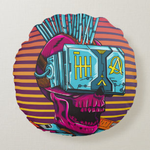 Cyber Skull Virtuelle Realität Cyberpunk Diskette  Rundes Kissen