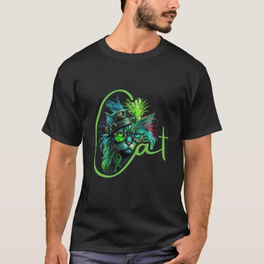 Cyber Steampunk Cat – Neon Futuristic Cat Lover T-Shirt (Vorderseite)