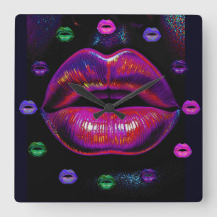 Cyber Venus Lips - Farbenfrohe Lippen Portrait Quadratische Wanduhr