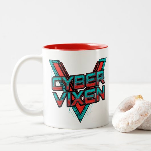 Cyber Vixen - Gamer Girl - Red Teal Gaming Graphic Zweifarbige Tasse (Mit Donut)