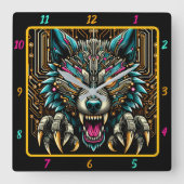 Cyber Wolf Electric Neon Color Art Quadratische Wanduhr (Vorderseite)