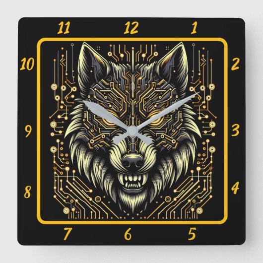 Cyber Wolf Neon Color Art Quadratische Wanduhr (Vorderseite)