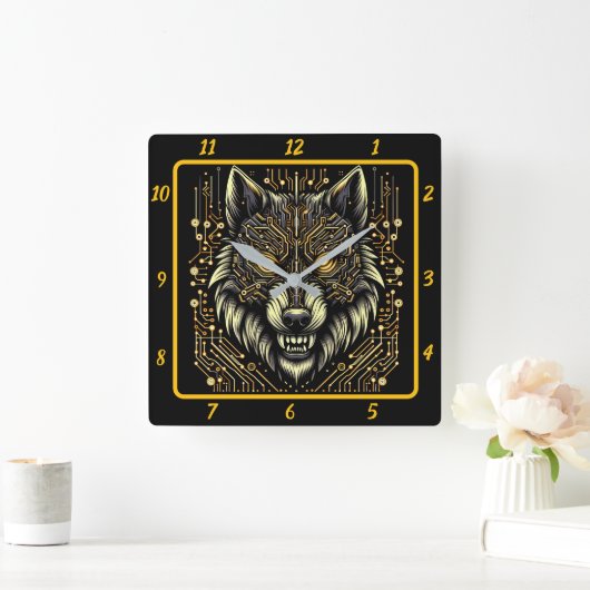 Cyber Wolf Neon Color Art Quadratische Wanduhr (Zuhause)