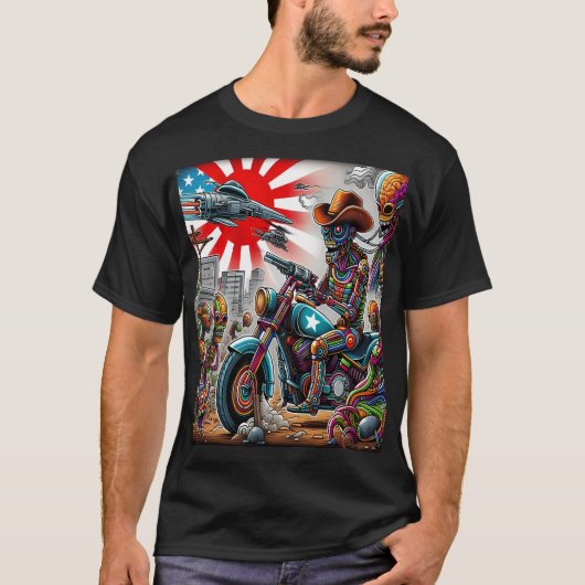 Cybernetic Bikers in Psychedelic Apocalypse T-Shirt (Vorderseite)