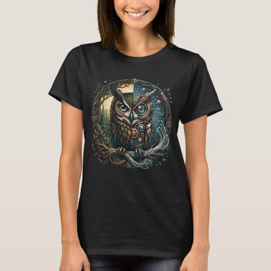 Cybernetic Owl Nature vs Technology Steampunk T-Shirt (Vorderseite)