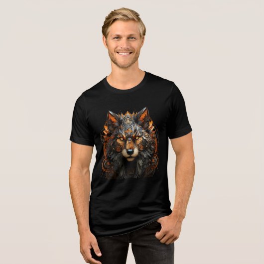 Cybernetic Wolf with Orange Circuitry Tri-Blend Shirt (Vorderseite voll)