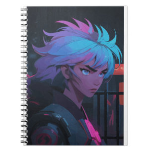 Cyberpunk-Anime-Girl mit Neon-Haar – Futuristisch Notizblock