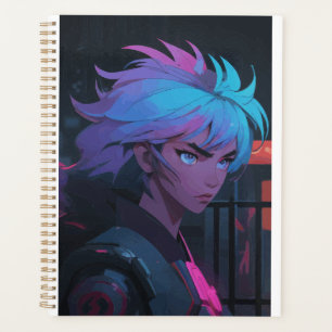 Cyberpunk-Anime-Girl mit Neon-Haar – Futuristisch Planer