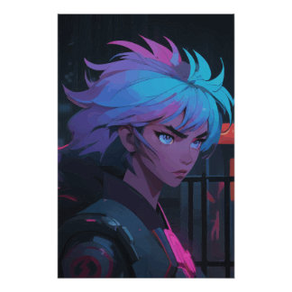 Cyberpunk-Anime-Girl mit Neon-Haar – Futuristisch  Poster