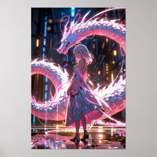 Cyberpunk-Anime-Girl Neon-Drache Fantasy-Kunst Poster